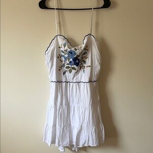 ARULA White Spaghetti Strap Dress with Blue Floral Embroidery